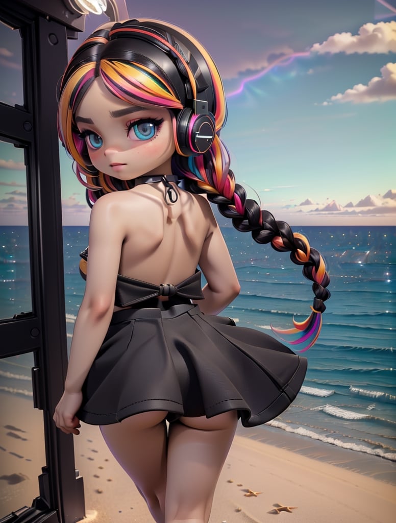 Art de fantastique, fantasy, (pretty black girl:1.6), (big butt:1.2), wearing kitten choker, black handbag, (headphones:1.6), (hair in multicolored braids:1.6), (back view in perspective:1.6), (air angle view:1.6), (bimbo:1.6), (naked ass:1.6), (white cropped top underboob:1.6), (red WEDGES HEEL:1.6), (walking on the beach:1.6), full shot, morning, sun, optical reflections, school, Eiffel Tower, paris, Emo, (cinematic lighting:1.6), (50mm lens:1.6), (looking at the horizon:1.8), (baby face), (chibi)
