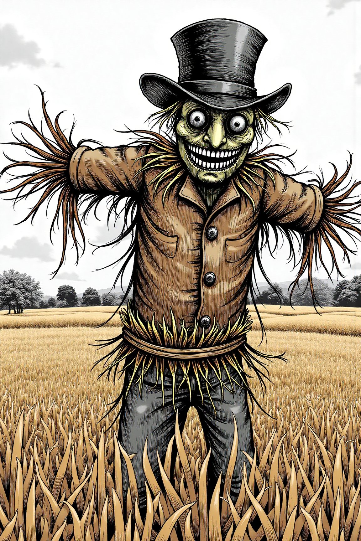 (masterpiece, best quality:1.2),Scarecrow, made of straw, wearing an old top hat, in crop field, horror mangaz