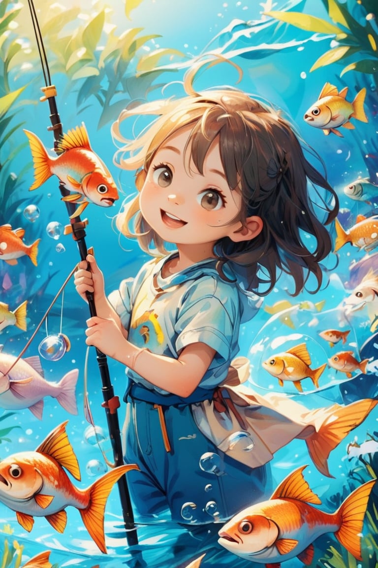 Girl, fishing, fish, summer, Perfect quality, clear focus, clutter - home, masterpiece, Bokeh, Best quality, Detailed skin, Intricate details, 8K, Sharp Focus, Happy, kidz, pastelmix