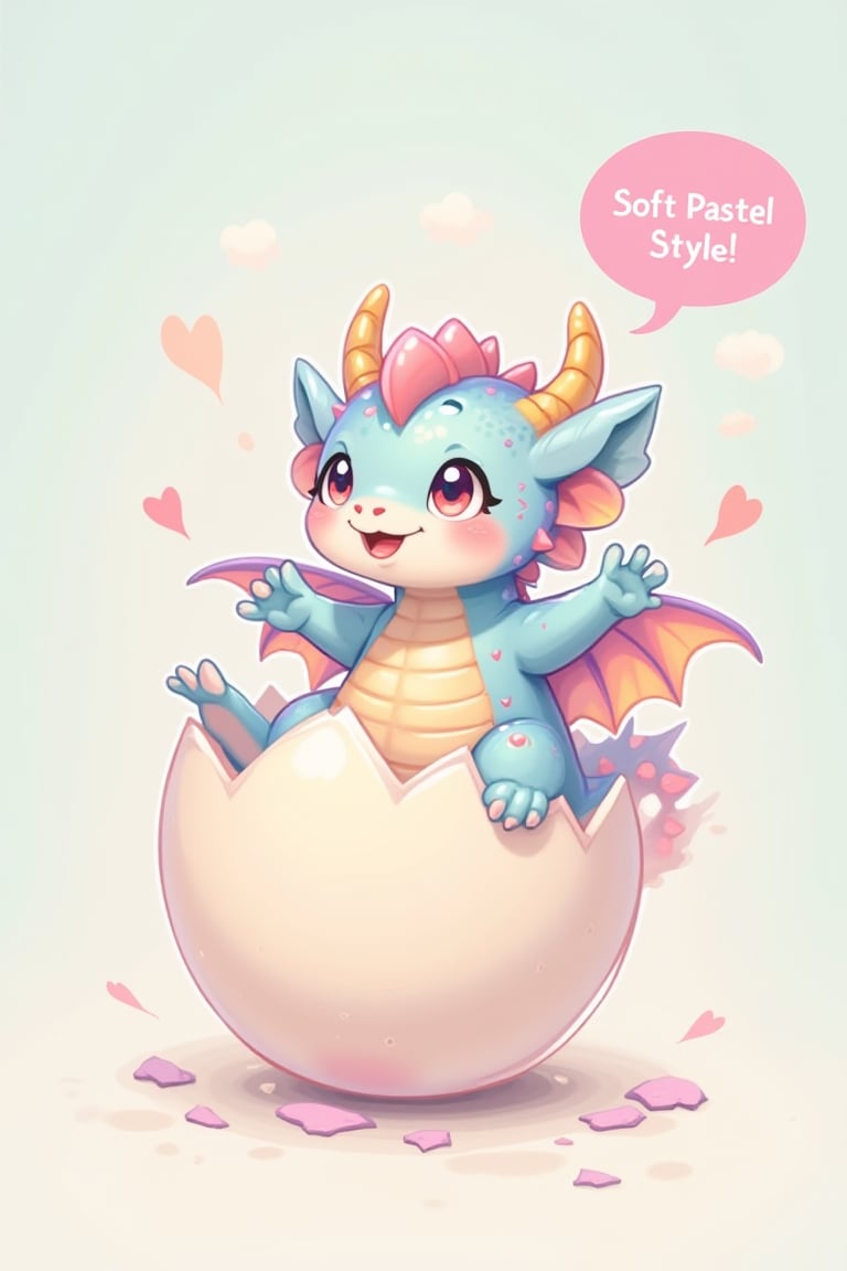 The picture captures the moment when a chibi dragon hatches from an egg, the head looks out of the top of the egg, the shell is on his head, the dragon looks super cute at the viewer, above him is a speech bubble with the inscription "Soft Pastel Style", cuteness overload, its scales have rainbow colors, the dragon stretches its arms out to the viewer,pastelz