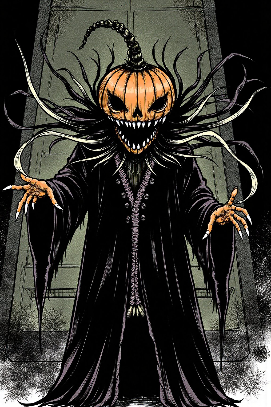 (masterpiece, best quality:1.2), Anime features of a scarecrow wizard who has a pumpkin head and is a character from a medieval RPG, horror mangaz