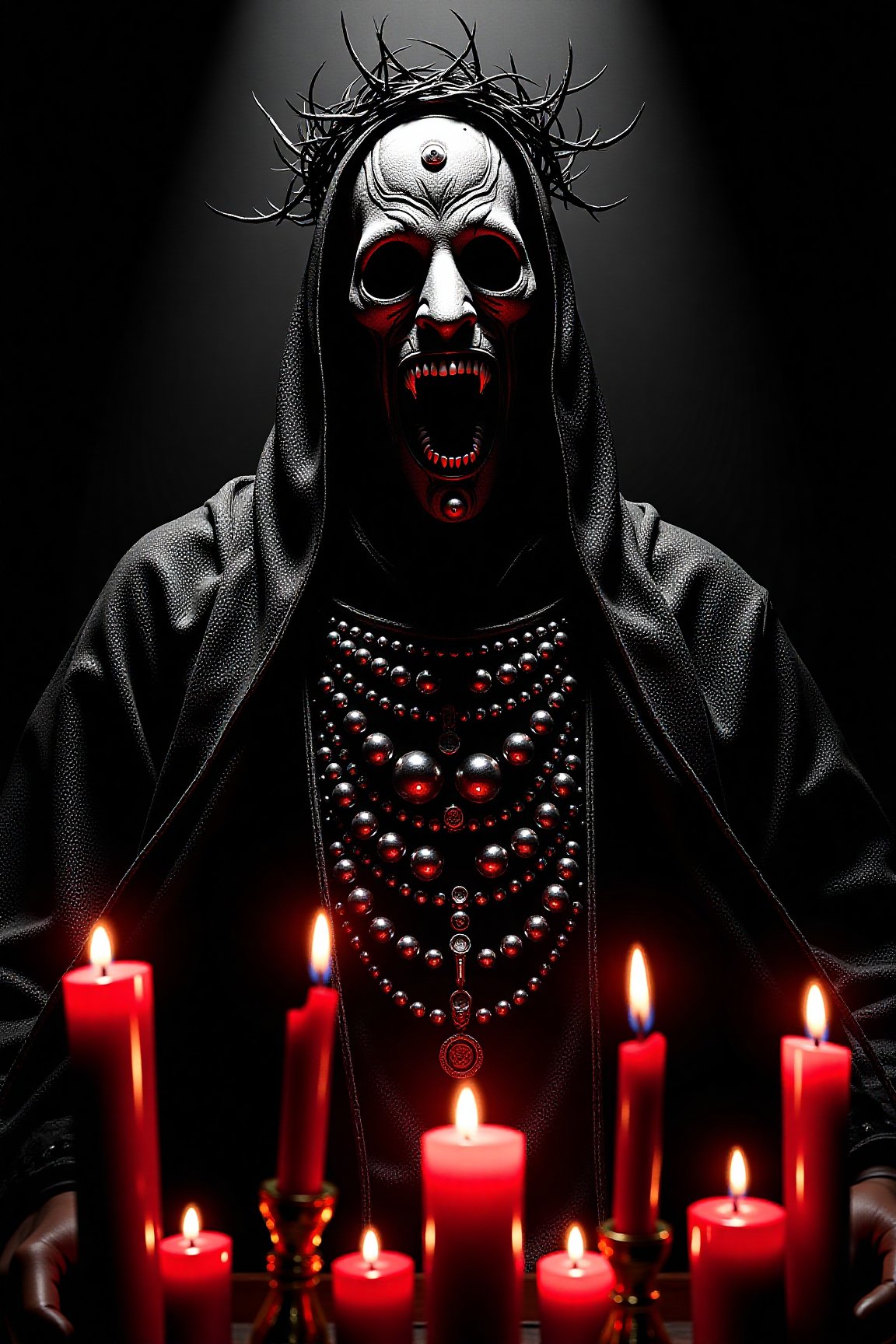 (masterpiece, best quality:1.2), Inside the Theatrum Diaboli, a dramatic recitation by Papa Emeritus, wearing a crown of thorns and an elaborate, gem-encrusted robe. The scene is lit by hundreds of candles, casting soft, flickering light that dances across his ghostly mask and the attentive faces of the congregation, cloaked in shadow., in the style of a vintage, high-contrast setting, capture the essence of a campy and sensual satanic ritual. Emphasize theatrical elements with bursts of bright colors against dark, moody backgrounds 4K resolution, photorealistic rendering, using cinema 4D Wide range of colors., volumetric lighting, horror mangaz