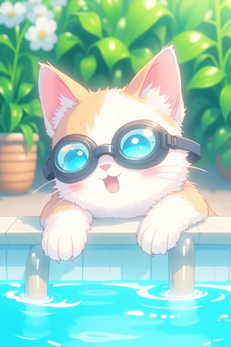 A cat wearing goggles is lying on the edge of an outdoor swimming pool, with its front paws hanging over and holding onto the side. The background features lush plants and blue water, creating a bright atmosphere. It has a close-up shot, flat illustrations, and a simple color scheme. The cat is depicted in the style of Japanese anime,pastelz