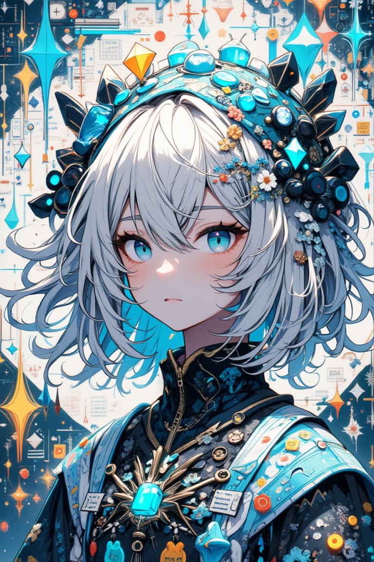 1girl, highly detailed, glowing blue eyes, wavy short white hair, ornate dress, masterpiece, pale blue scales, scales near eyes,PatternMix,