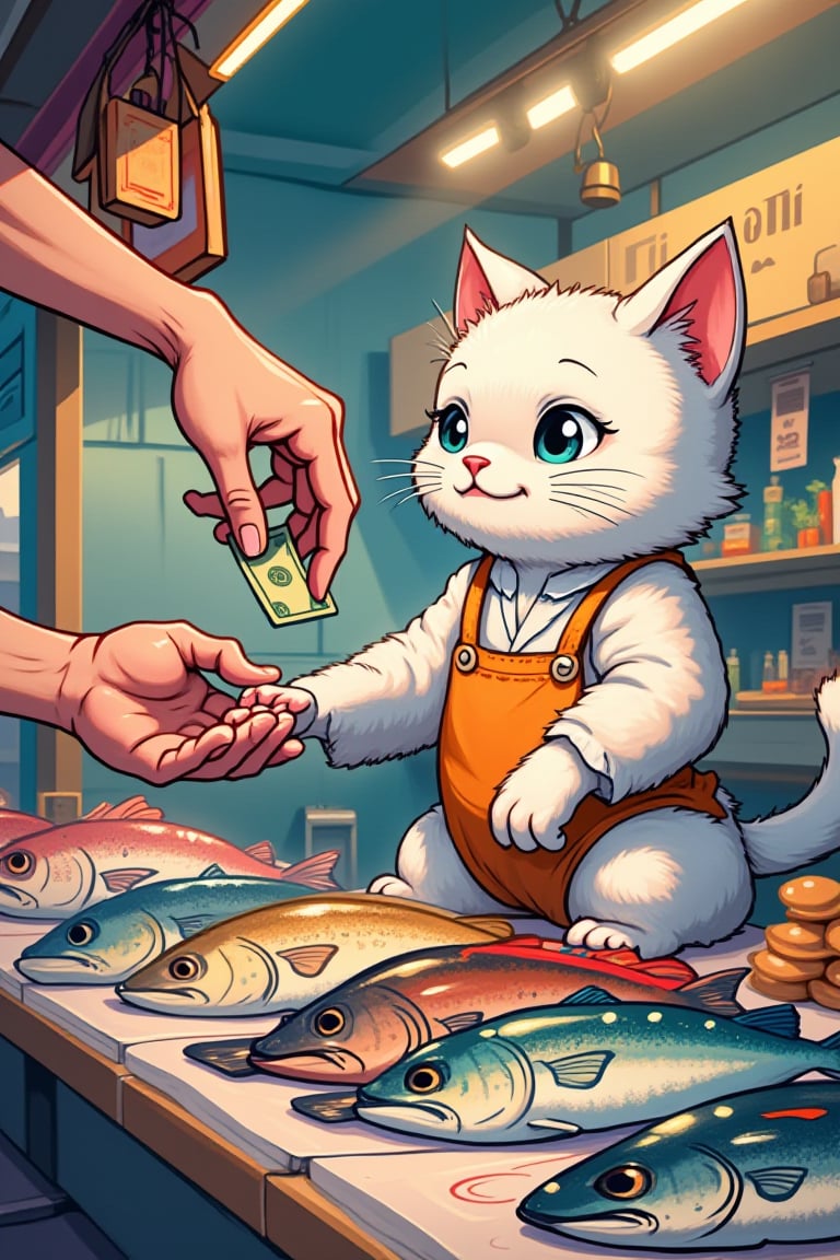 image of a hand offering money to a fishmonger cat, holding fish, 8k, Illustration, at the market, pastelz