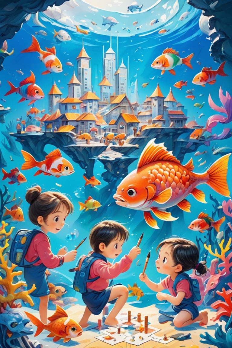 Children book cover, masterpiece, mid shot, highly detailed, concept art, oil painting, gouache, hard brush, An engaging scene featuring a group of diverse kids, deep sea full of Koi fishes, working together to solve a puzzle in an underwater city, Include a mix of charming moments of cooperation, problem-solving, and discovery, while showcasing the rich and imaginative environment of the city, award winning, gibli inspired, kidz, pastelmix