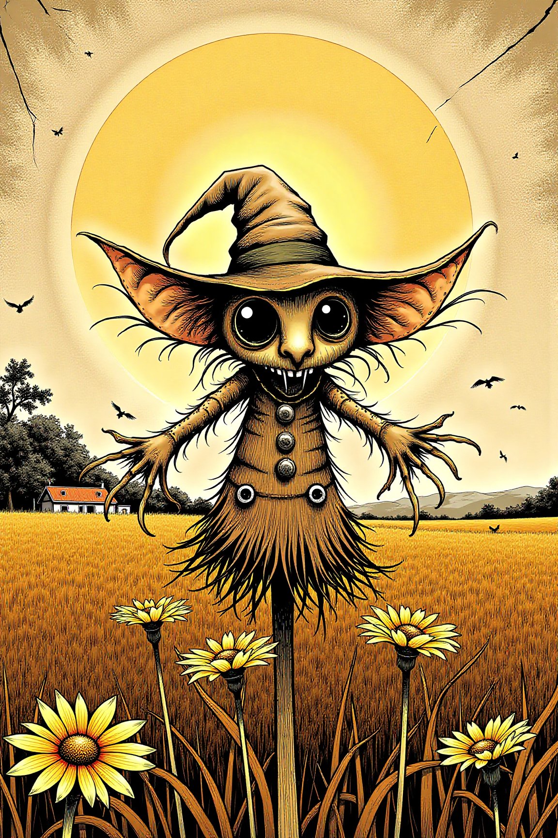 (masterpiece, UHD, 8K, 16K, ultra detailed), summer, best quality, ink painting, acrylic, detailed straw cute scarecrow little gremlin creature on a rye field, cornflowers, sunrise, farm house, by Craola, Dan Mumford, Andy Kehoe, 2d, flat, cute, adorable, vintage, art on a cracked paper, fairytale, storybook detailed illustration, cinematic, ultra highly detailed, tiny details, beautiful details, mystical, luminism, vibrant colorst,horror mangaz