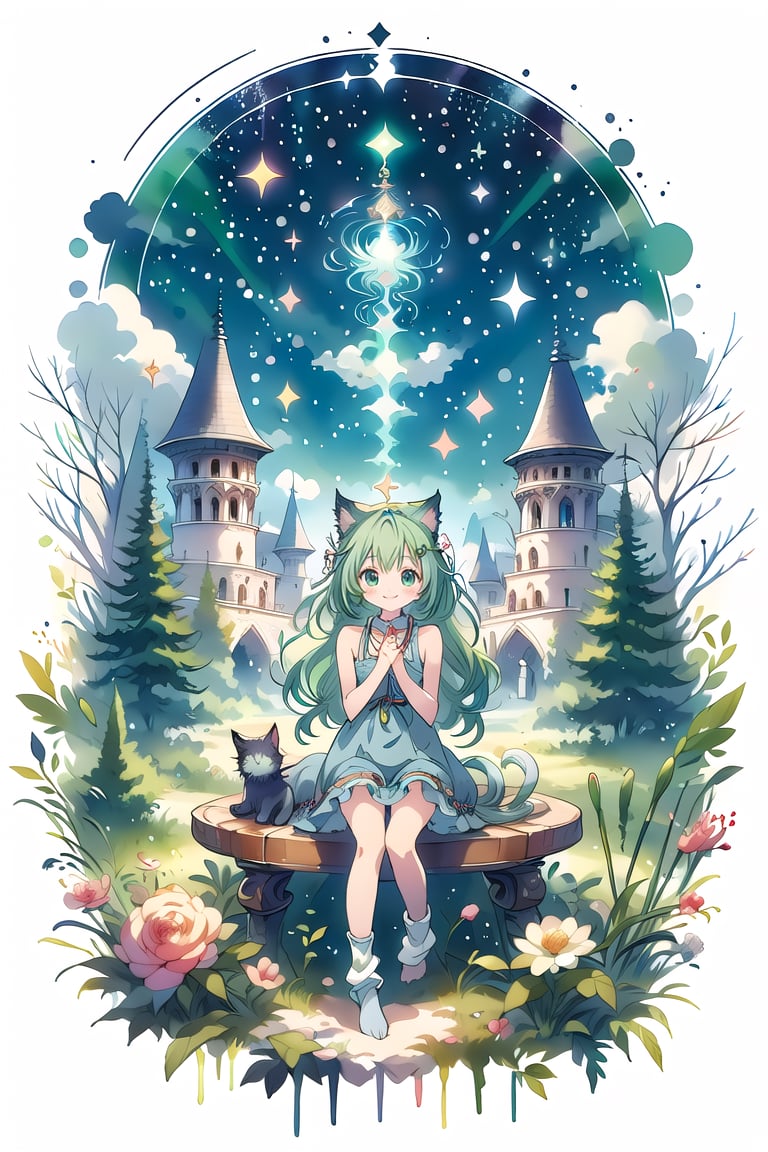 ((Tabletop, highest quality: 1.1), ((Anime girl in a blue dress holding a magic wand)), Art Nouveau、Anime Cat girl in maid outfit, , ((Green hairs))、Long-haired、((Eyes like shining jewels Long lashes Transparency))、Very Beautiful Anime Cat girl, AnimeCat girl, ((White knee-high socks)), Attractive Cat Girl, Inspired by Leiko Ikemura, Takano Aya color style, in ryuuou no oshigoto art style, Cat girl, Favorite character, rei hiroe、With a smile, background,scenery, CrclWc,CuteSt1,WtrClr