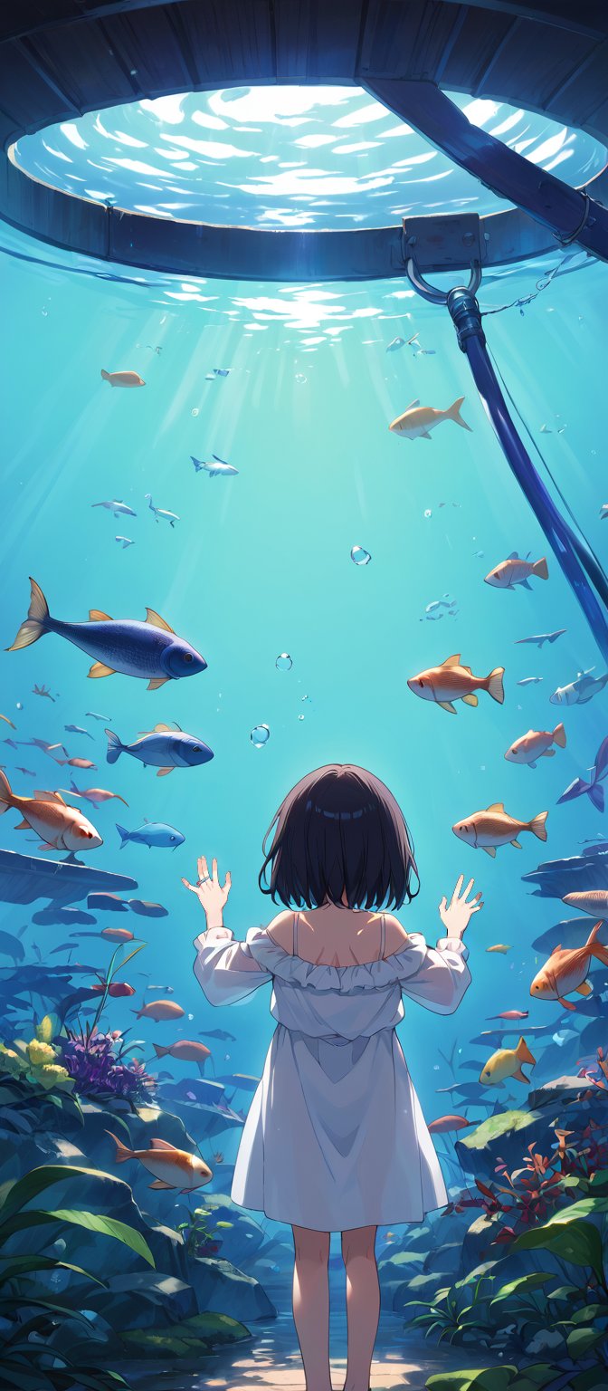 1 little girl, solo, medium hair, summer clothes, hands against the glass, peaceful and relaxing environment, many kinds of fishes in background, main color: blue, back view, masterpiece quality, detailed, detailed shadows effect, aquarium location, close-up, silhouette effect.,score_9,score_8_up,source_anime,(score_7_up:0.8),(score_6_up:0.8),source_anime,official art,highres,BREAK,scenery