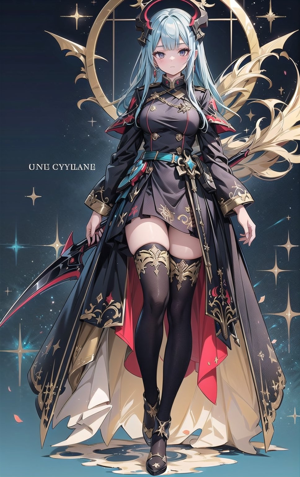 1 military captain girl, black eyes::1.2, long elegant cyan hair, detailed red military dress with golden filigree design, holding a diabolic scythe, full body, front view, concept art, game character design, UR rarity frame effect, glitter,shiny.