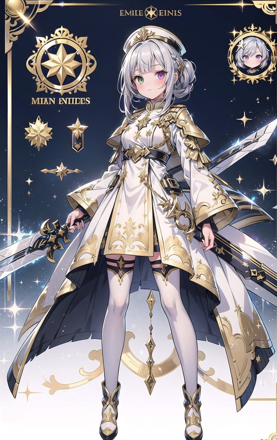 1 military captain girl, bright heterochromia eyes, long silver hair, detailed white military dress with golden filigree design, 2 magical swords, golden filigree background, full body, Front View, Concept Art, Game Character Design, SSR rarity style effect, glitter,shiny,glitter