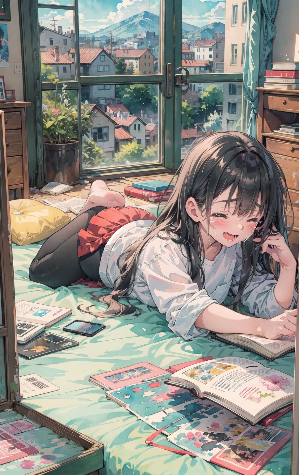 a young schooler girl, 16 years old, long black hair, closed eyes, tears coming out, red skirt, white shirt, black leggings, lying down on bed, reading a manga, holding a manga, laughing hysterically, messy room, bedroom location, watercolor, big windows with a town in background