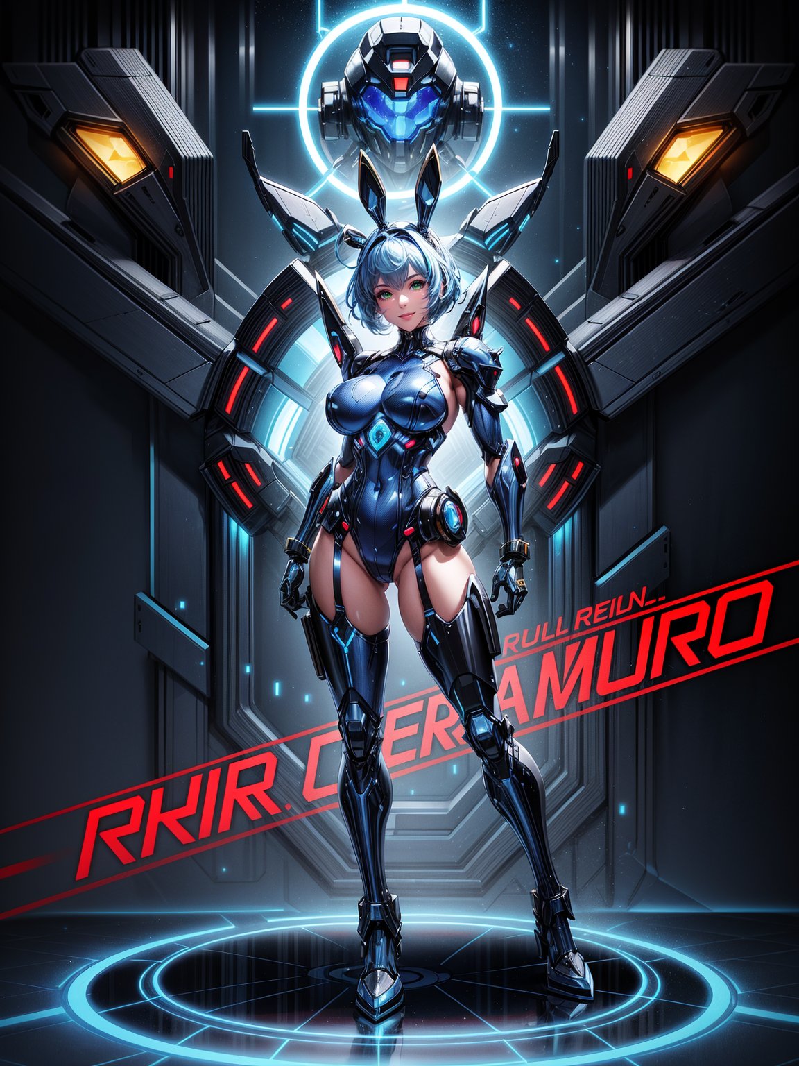 A woman, wearing black rabbit robotic costume with blue parts+mecha costume with bright lights+golden armor, gigantic+firm breasts, blue hair, very short hair, chanel hair with bangs, bangs in front of the eyes, rabbit ears helmet on the head, looking at the viewer, (((erotic pose interacting and leaning on an object))), in a cybernetic temple with machines,  altars, robots, teleportation, ((full body):1.5). 16k, UHD, best possible quality, ((best possible detail):1), best possible resolution, Unreal Engine 5, professional photography, ((Super Metroid)), perfect_hands