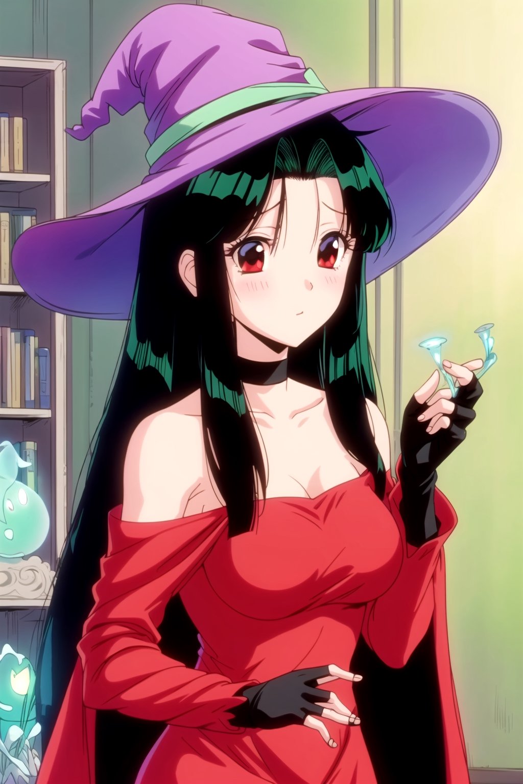 1girl,woman, bare shoulders, black cape, black gloves, black hair, blush, cape, choker, collarbone, dress, fingerless gloves, gloves, hair between eyes, hat, long sleeves, looking at viewer, medium hair, off-shoulder dress, off shoulder, red dress, red eyes, sidelocks, simple background, solo, indoors, witch hat, ((masterpiece)),(ritsuko_nube:1.4),(bioluminescence:1.2)