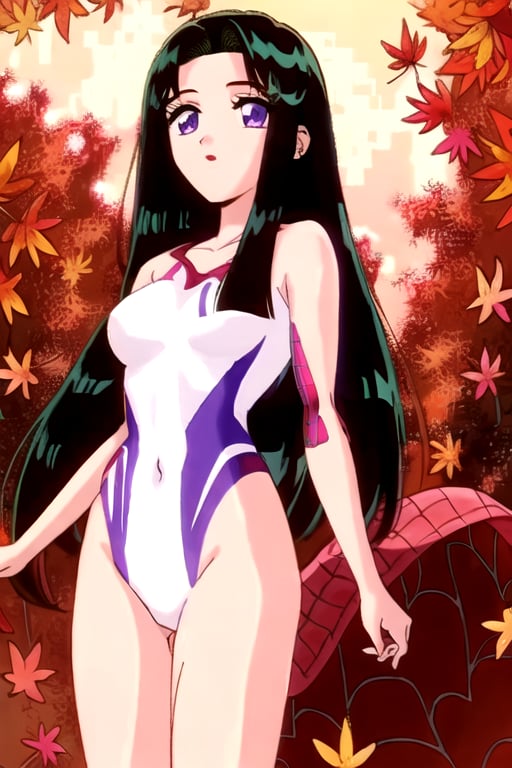 ((1girl)),(ritsuko_nube),long hair, purple eyes,nude, ,ritsuko_nube,fullbody ,spiderverse style, 1girl, solo, spider gwen bodysuit, forest, autumn leaves, nature, asymmetrical hair, winter, spider web print, hood, upper body, superhero, outdoors, undercut, autumn,piercing, leaf, 