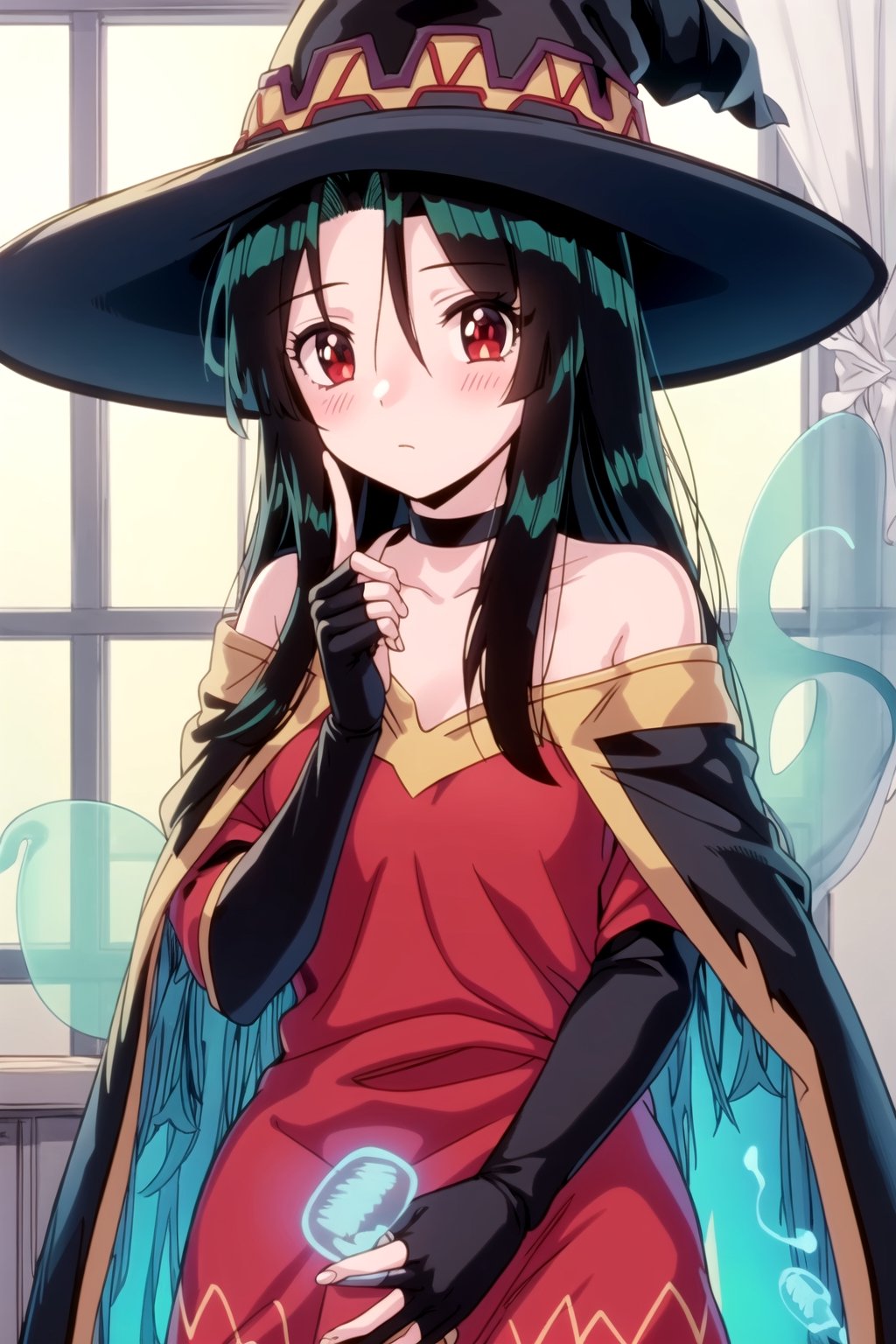 megumin, 1girl, bare shoulders, black cape, black gloves, black hair, blush, cape, choker, collarbone, dress, fingerless gloves, gloves, hair between eyes, hat, long sleeves, looking at viewer, medium hair, off-shoulder dress, off shoulder, red dress, red eyes, sidelocks, simple background, solo, indoors, witch hat, ((masterpiece)),(ritsuko_nube:1.4),(bioluminescence:1.2)