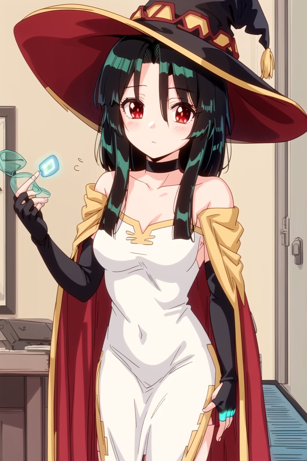 megumin, 1girl, bare shoulders, black cape, black gloves, black hair, blush, cape, choker, collarbone, dress, fingerless gloves, gloves, hair between eyes, hat, long sleeves, looking at viewer, medium hair, off-shoulder dress, off shoulder, red dress, red eyes, sidelocks, simple background, solo, indoors, witch hat, ((masterpiece)),(ritsuko_nube:1.4),(bioluminescence:1.2)