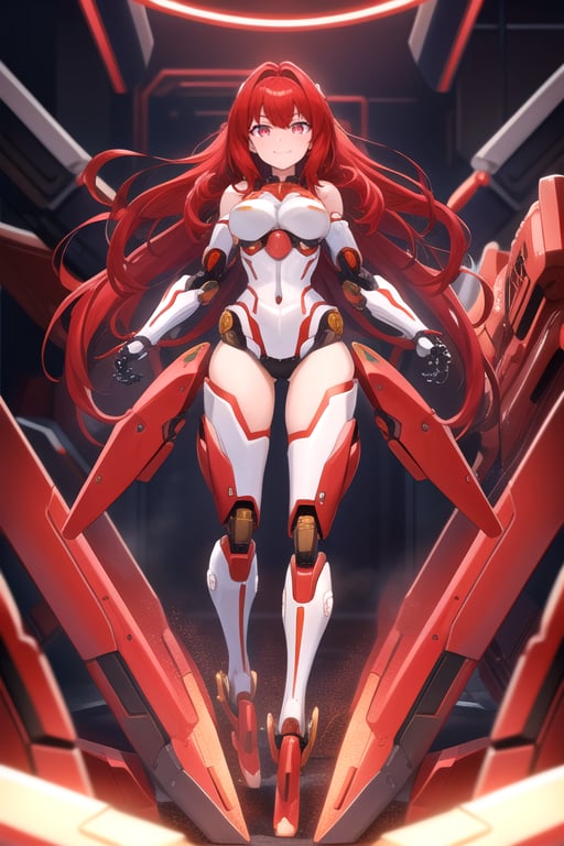 centered, upper body, masterpiece, | 1girl, solo, pure face, (crimson hair color), long fluffy hair, light red eyes, full body, robotic legs, robotics arms, robotic body, robotic hands, futiristic, robotic, mechanical, armored, standing, (red robotic body), mecha, | bokeh, depth of field, vaporwave colors scheme, | 