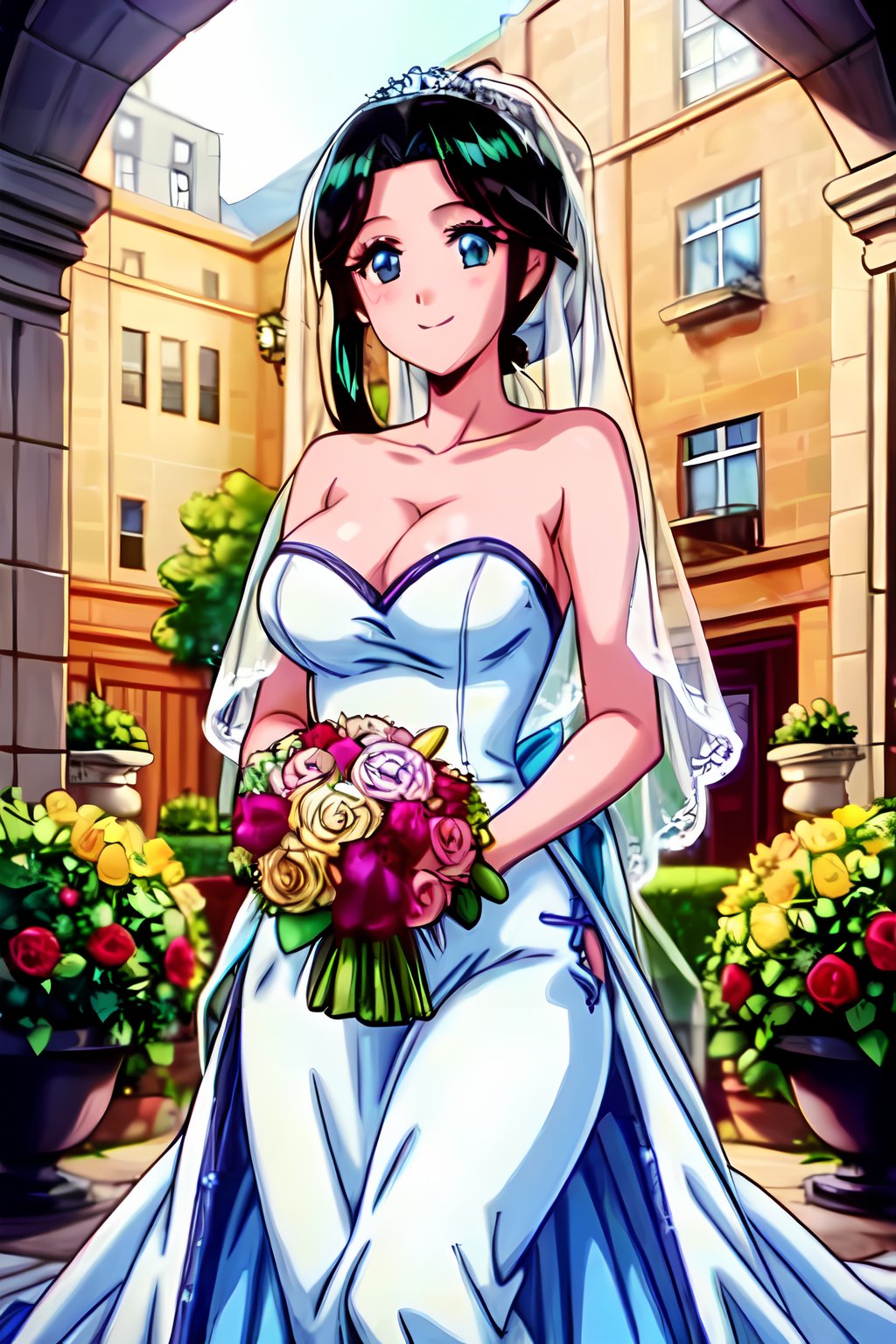 8k, hdr, ultra high res, raw photo, ultra-detailed, photorealistic, masterpiece, 1girl, solo, long ponytail, beautifull face, detailed face, blue eyes, expressive eyes, smile, sexy cleavage, medium breast, no underwear,, bride, wedding, bridal bouquet, veil, long dress, dress, bare shoulders, detailed skin, intricate detailed, Outdoor chapel, outdoor garden, fountain.,ritsuko_nube