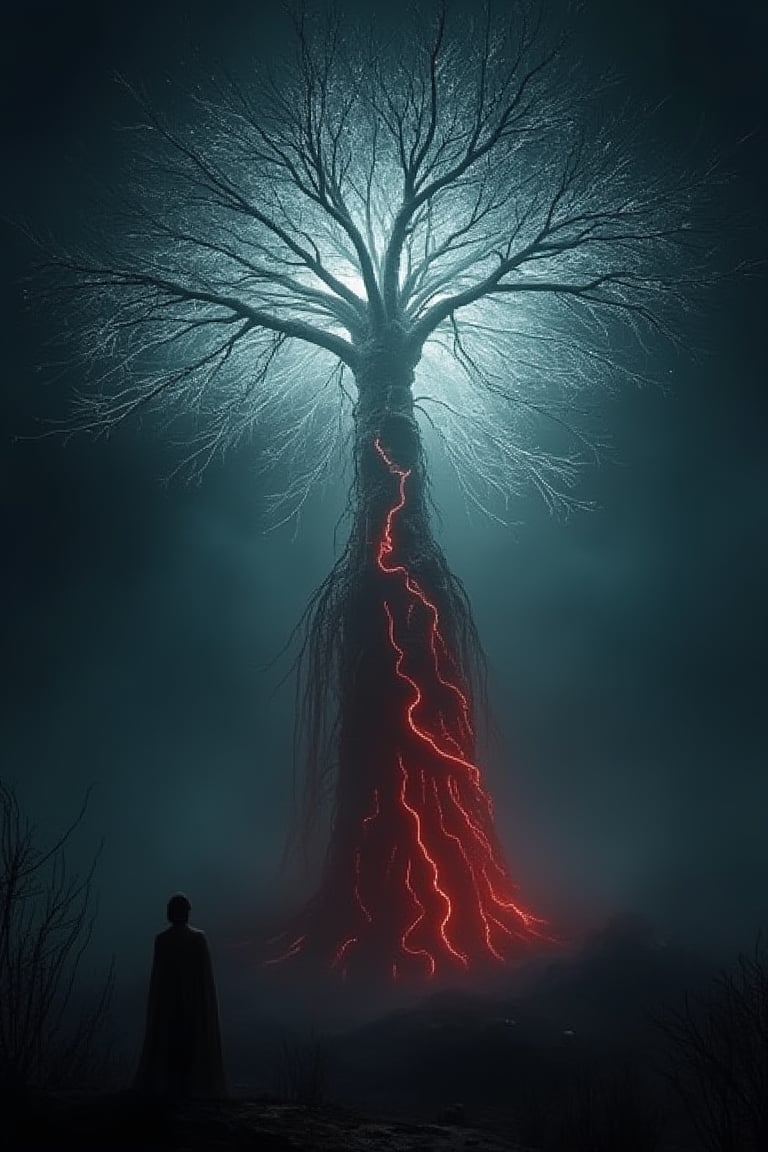 A surrealistic scene of a tree with glowing, white roots that seem to emanate light. The tree stands tall against a dark, misty background, with its branches reaching upwards. The roots, which are predominantly red, appear to be tangled and intertwined. At the base of the tree, there's a silhouette of a person, possibly observing or interacting with the tree. The overall ambiance of the image is mysterious and ethereal. ,Fantasy Regal Artgem