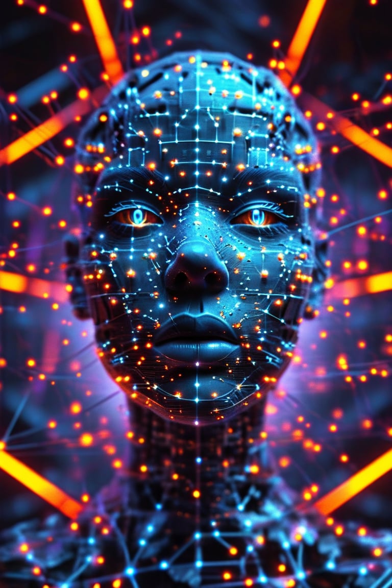 A futuristic digital artwork featuring a central,  highly detailed wireframe representation of a human face rendered in li...