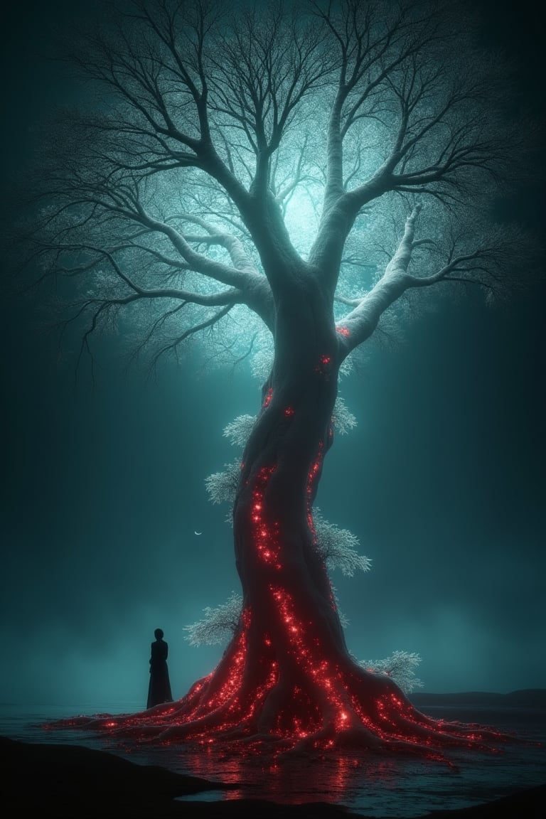 A surrealistic scene of a tree with glowing, white roots that seem to emanate light. The tree stands tall against a dark, misty background, with its branches reaching upwards. The roots, which are predominantly red, appear to be tangled and intertwined. At the base of the tree, there's a silhouette of a person, possibly observing or interacting with the tree. The overall ambiance of the image is mysterious and ethereal. ,Fantasy Regal Artgem