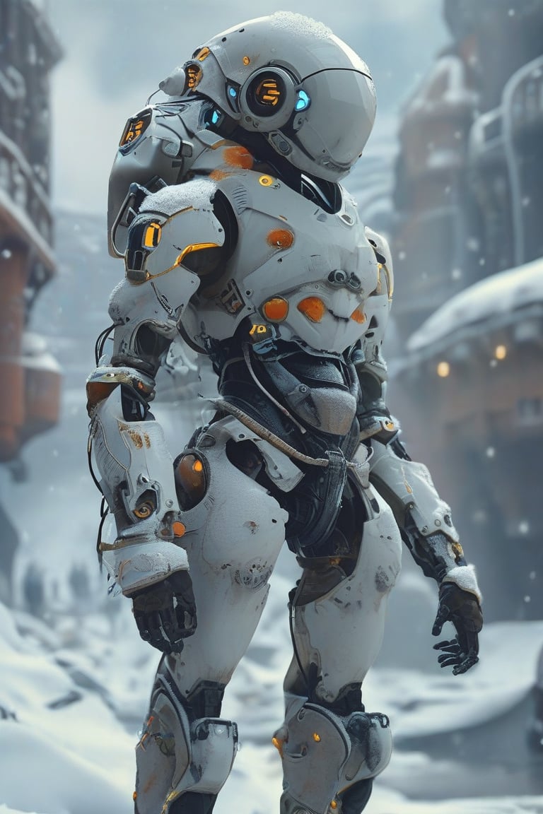 A photo of a futuristic robotic entity in a snowy environment. The robot has a predominantly white and gray color scheme with intricate details, such as orange accents and various mechanical components. Its visor is reminiscent of a mask, with two prominent blue eyes. The robot is equipped with multiple gadgets and tools, including what appears to be a communication device on its chest and a mechanical arm on its side. Snowflakes are seen adhering to its surface, suggesting it has been in this environment for some time.