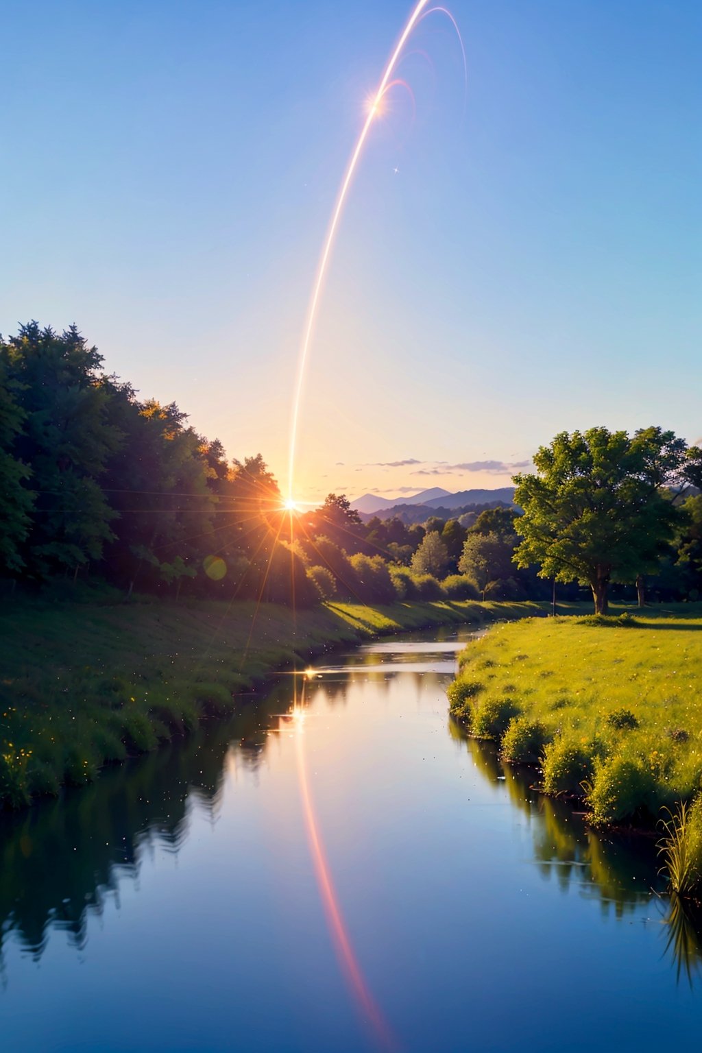 scenery, no_humans, sky, cloud, tree, outdoors, shooting_star, road, grass, mountain, star_\(sky\), nature, sunset, cloudy_sky, forest, starry_sky, path, sun, sunlight, landscape, blue_sky, mountainous_horizon, hill, horizon, river, lens_flare, diffraction_spikes, pine_tree, gradient_sky, sunrise, power_lines, night, twilight, field, rural, meteor_shower, blurry, comet, light_rays, day, plant, night_sky, evening, light_particles, orange_theme, depth_of_field, condensation_trail, utility_pole, orange_sky, lake, falling_star, water, dutch_angle, yellow_sky, bare_tree, meteor, multicolored, house, reflection, sunbeam, dusk, signature, valley, building, bush, blurry_foreground