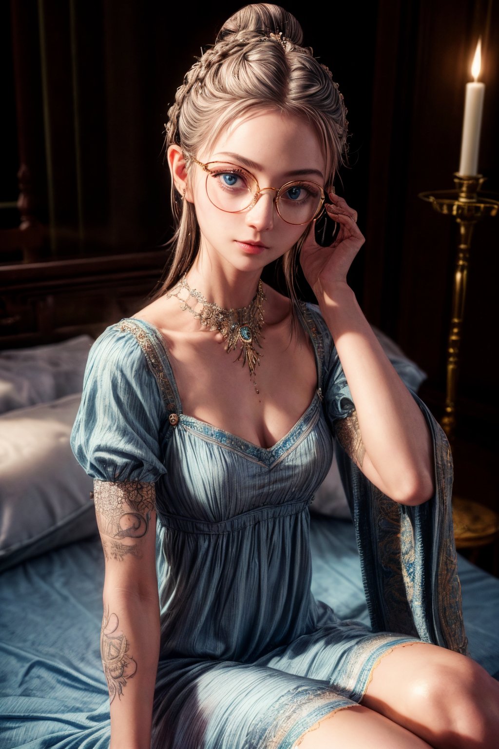 Highly detailed, masterpiece, 1girl, bride braids hair, looking_at_viewer, shy, brush, upper_body, wearing big eyeglasses, spectacles,blue eyes, wearing unstrapped night dress, sharp focus, sitting on bed, bokeh, metal reflection, most beautiful girl, best quality, 3d, 16k, ((very small tatoo on neck:1)), realistic, natural skin, photorealistic, raw photography, real skin, ((27 yrs old:1)), ((one hair bun:1)) , fit