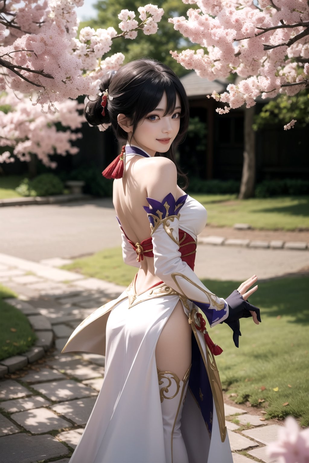 centered, ganyu (genshin impact), ganyu cosplay costume, white, black color hair, light purple iris, medium perky breasts, smiling, falling sakura leaves, bokeh, depth of field, hyper realism shadows, ((best quality)), ((masterpiece)), ((realistic:1.3)), (detailed:1.3), ultra high res, powerful pose ,photorealism:1.3, ((perfect hand)) ,raw photo:1.3, ultra detailed, beastialily,detailed skin, Highly detailed face and skin texture, detailed eyes, double eyelids,dynamic light, pose, far shot, perfect fingers anatomy