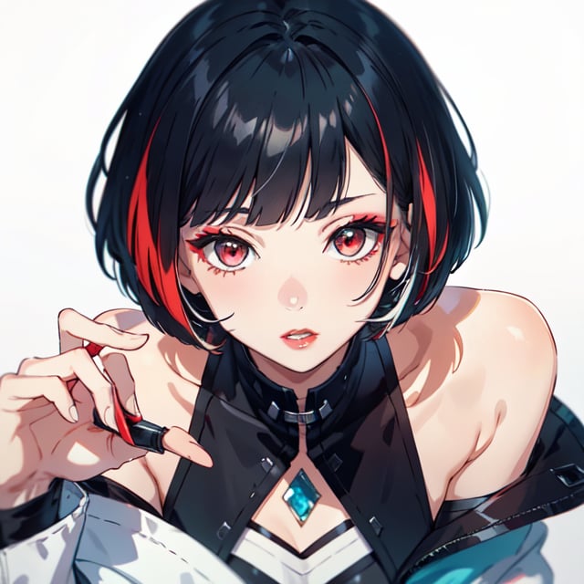 1 teen girl,solo, upper body,looking at viewer, white background, bob cut, short hair, multicolored hair, makeup , parted lips, red lips, eyeliner, ,walkure /(takt op./)