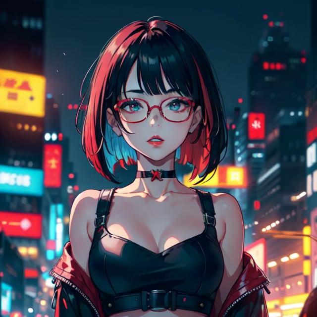 1 teen girl,solo, upper body,looking at viewer, cyberpunk background, bob cut, short hair, multicolored hair, makeup ,  red lips, eyeliner, parted lips ,walkure /(takt op./), medium breasts, unstrapped, glasses, choker, 