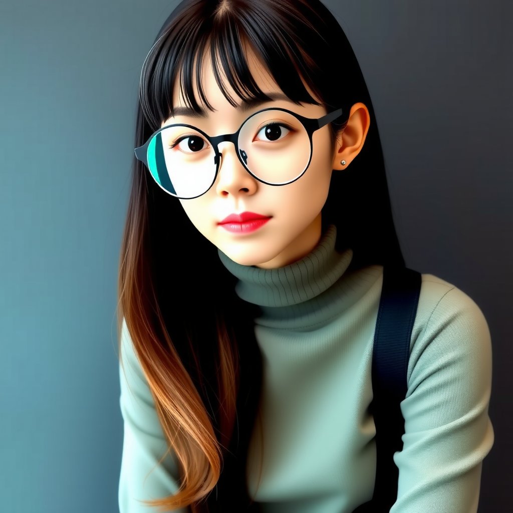 1girl, lynn, Asian young female slim fit wearing round eyewear glasses big black-framed round eyewear, straight bangs long at sides with long strings of hair at sides of the bangs, wavy hair, full body picture, leggins