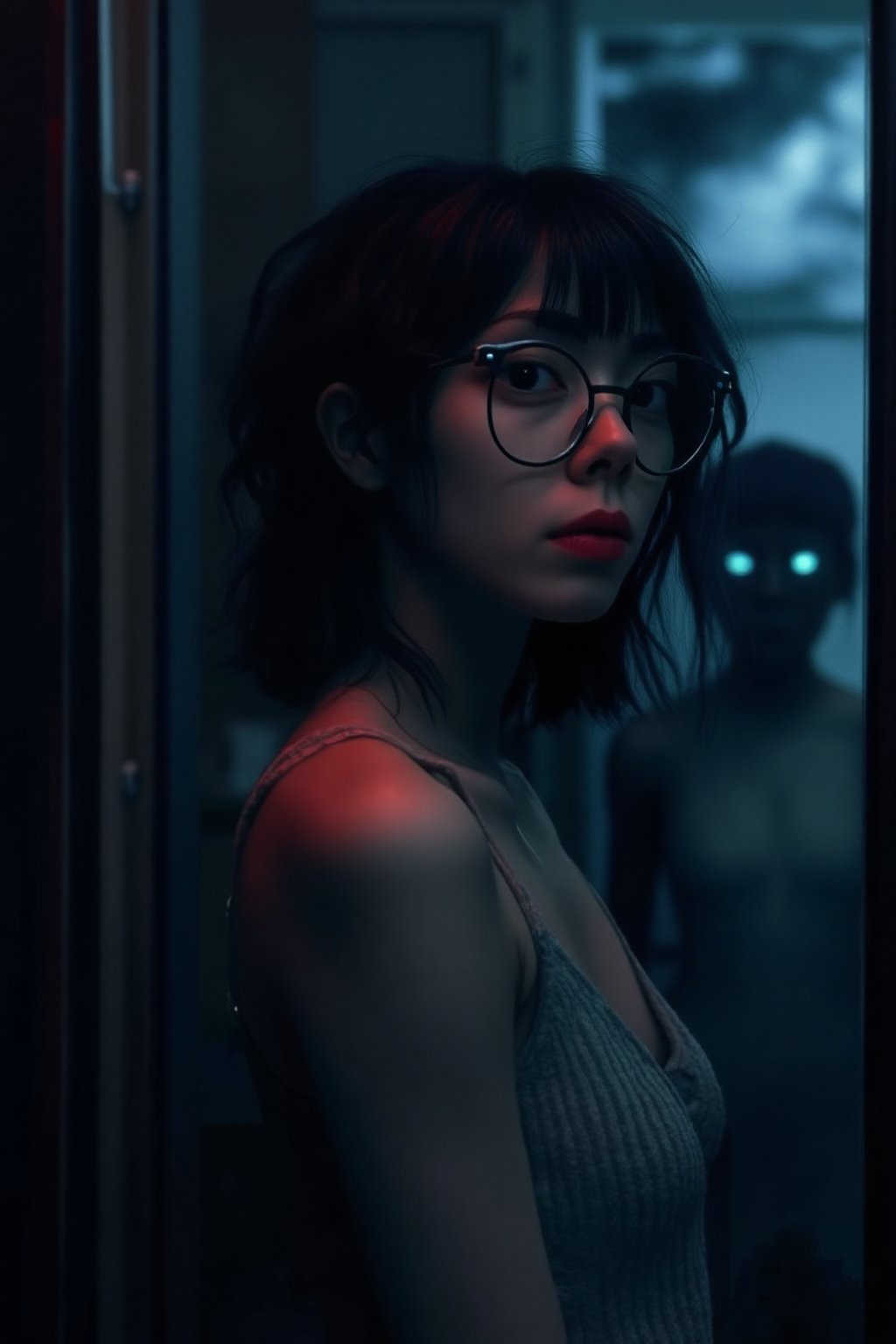 In this eerie, Luis-Royo-inspired setting, Lynn's slender figure and petite stature are illuminated by soft, moonlit hues. Her short, wavy hair frames her oval-shaped face, while her bright fuchsia lips seem to glow in the dim light. Round glasses perch atop her straight bangs, adding a touch of innocence to her otherwise striking features. Meanwhile, behind Lynn, a monstrous figure lurks, its eyes glowing with an otherworldly intensity, as if waiting for the perfect moment to pounce. lynn, Lynn, light skin, slim petite, round glasses, straight bangs