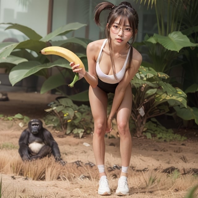 full body, an asian female slim sexy fit with small breast, straight bangs and side ponytail hair, wearing round glasses and leggins and shoes, holding a long banana with one hand, bending the back and Approaching to viewer, next to a gorilla
