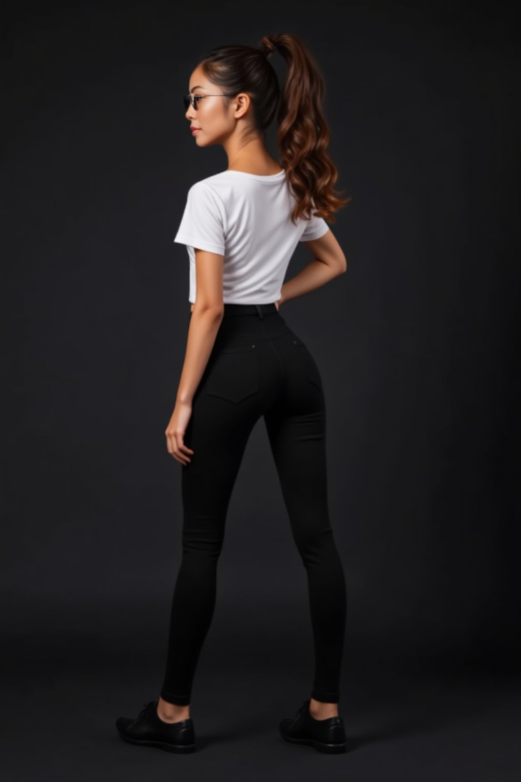 lynn, Lynn, petite, slim, Lynn's confident pose is captured from behind, showcasing her slender physique against a simple, dark background. Her ponytailed hair flows down the back of her head, framing her sleek black sneakers and black denim pants that peek out from under a white T-shirt with short sleeves. A subtle smile plays on her lips as she gazes off-camera, her round black-framed eyewear adding sophistication to her profile.