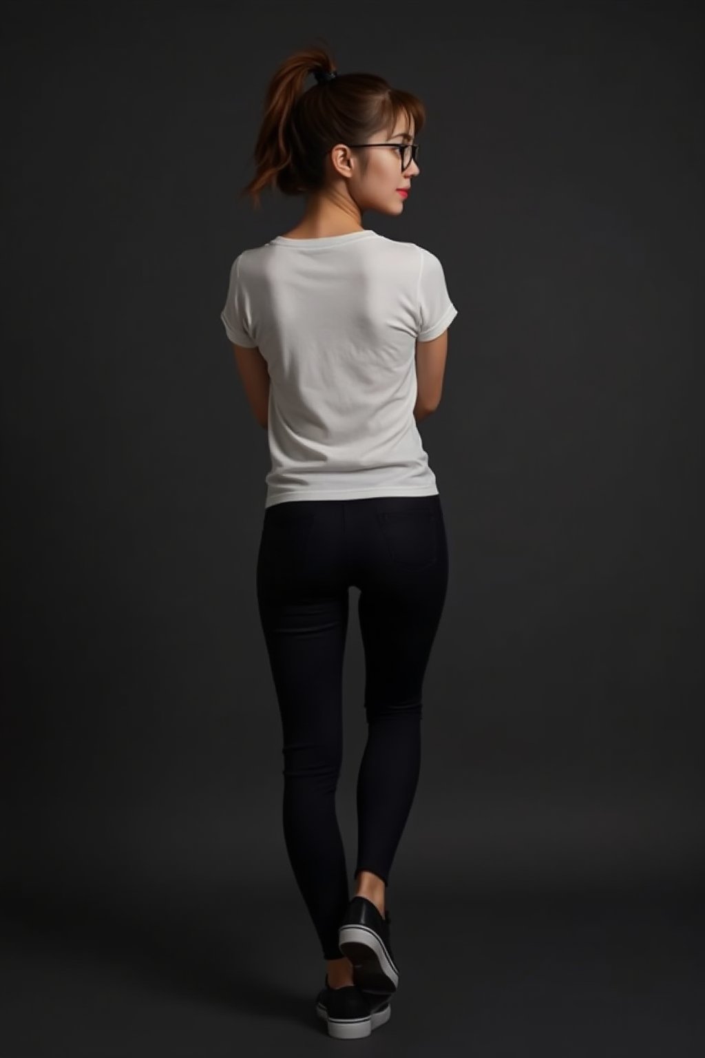 lynn, Lynn, petite, slim, Lynn's confident pose is captured from behind, showcasing her slender physique against a simple, dark background. Her ponytailed hair flows down the back of her head, framing her sleek black sneakers and black denim pants that peek out from under a white T-shirt with short sleeves. A subtle smile plays on her lips as she gazes off-camera, her round black-framed eyewear adding sophistication to her profile.