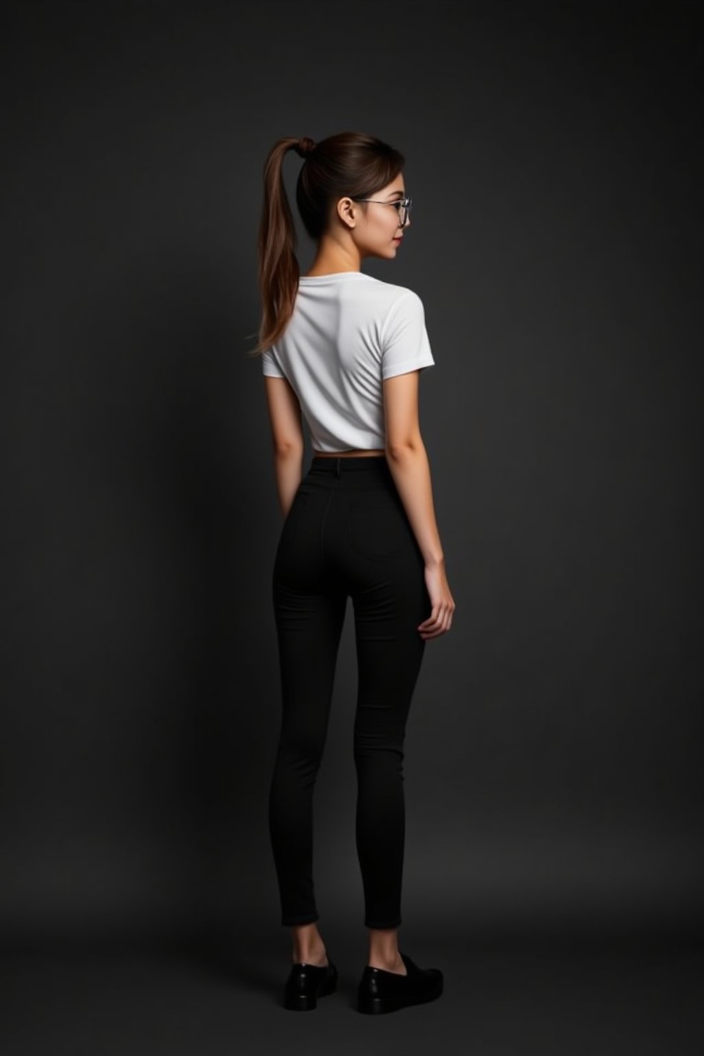 lynn, Lynn, petite, slim, Lynn's confident pose is captured from behind, showcasing her slender physique against a simple, dark background. Her ponytailed hair flows down the back of her head, framing her sleek black sneakers and black denim pants that peek out from under a white T-shirt with short sleeves. A subtle smile plays on her lips as she gazes off-camera, her round black-framed eyewear adding sophistication to her profile.