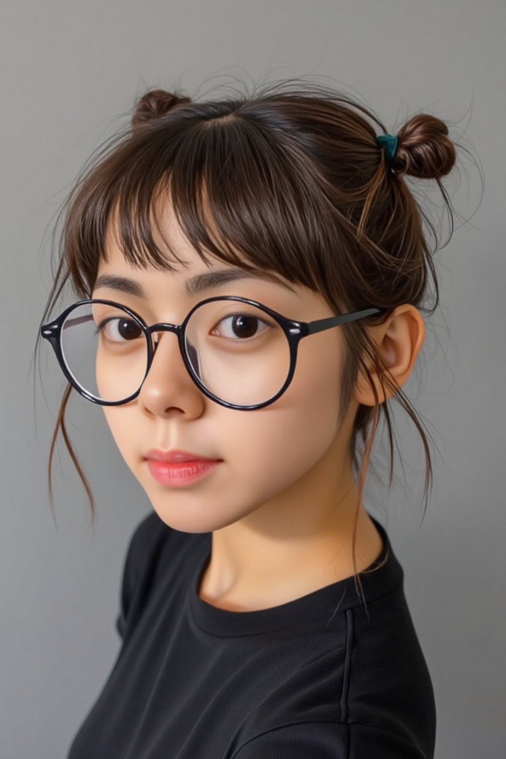 lynn facing front, wearing round glasses, straight bangs with strands on the sides, wavy hair, side-buns