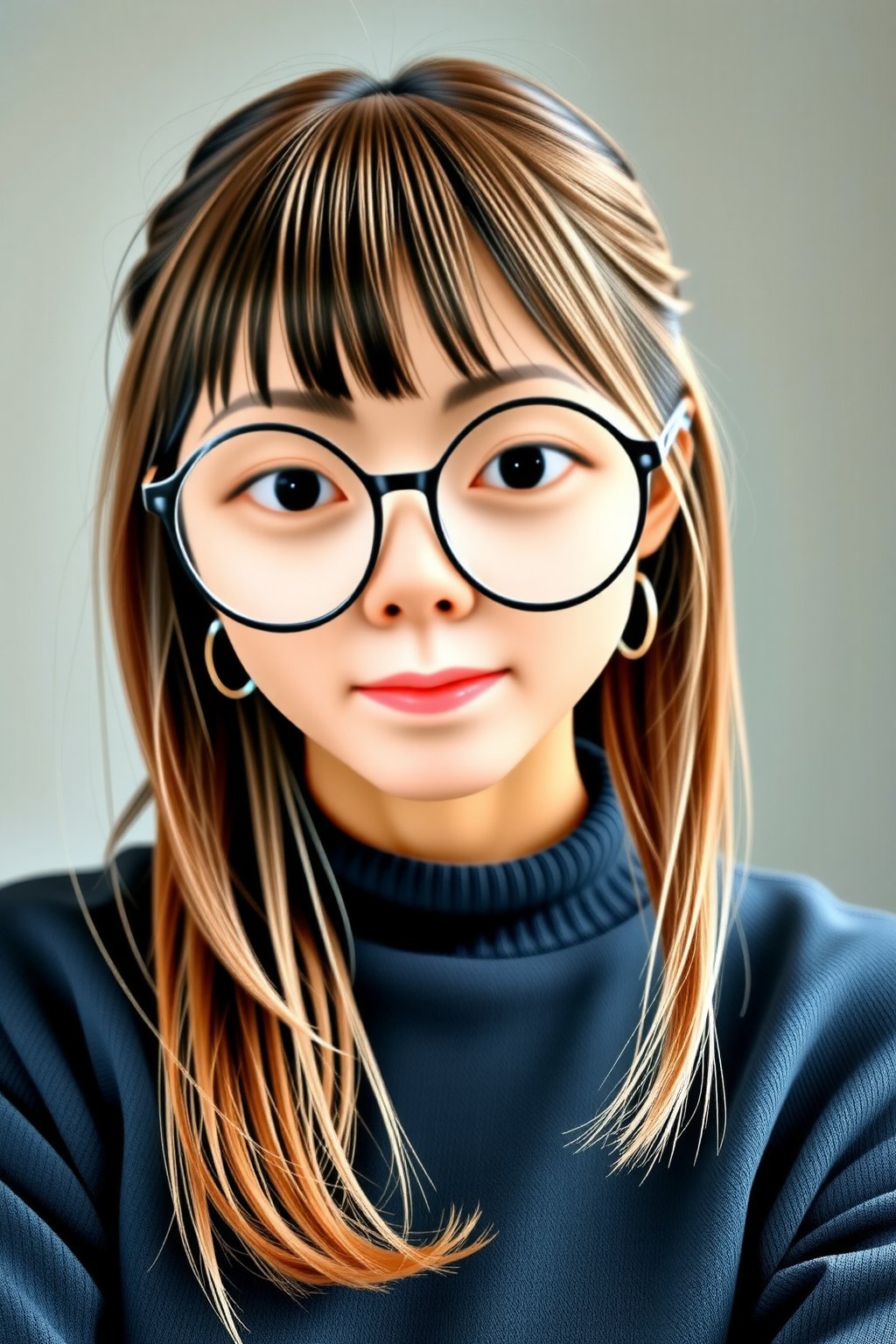 1girl, lynn, Asian young female slim fit wearing round eyewear glasses big black-framed round eyewear, straight bangs long at sides with long strings of hair at sides of the bangs, wavy hair, full body picture