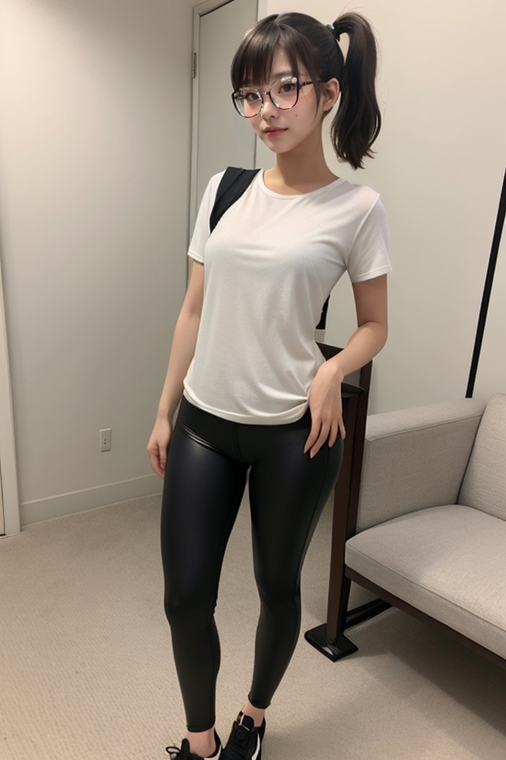 as an slim fit asian woman wearing round glasses standing sexy wearing tight leggins she have straight bangs and a side ponytail,  1girl,  solo,  glasses,  black hair,  looking at viewer,  realistic,  black-framed eyewear,  side-ponytail hair,  full body picture, medium length hair
