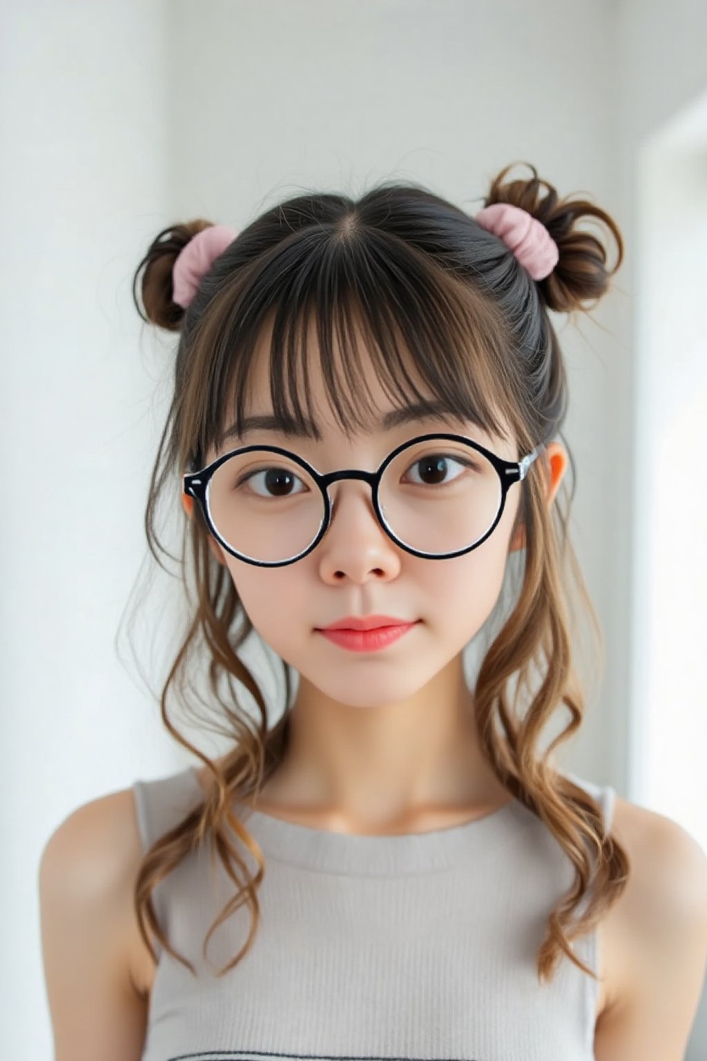 Lynn stands confidently in a bright, sunlit room with a plain white background. She faces directly at the camera, her round glasses framing her gentle features. Her straight bangs fall just above her eyebrows, with loose strands framing her face on either side. Wavy hair cascades down her back, and two tidy side-buns sit atop her head, adding a touch of whimsy to her overall demeanor. lynn, female asian slim petite