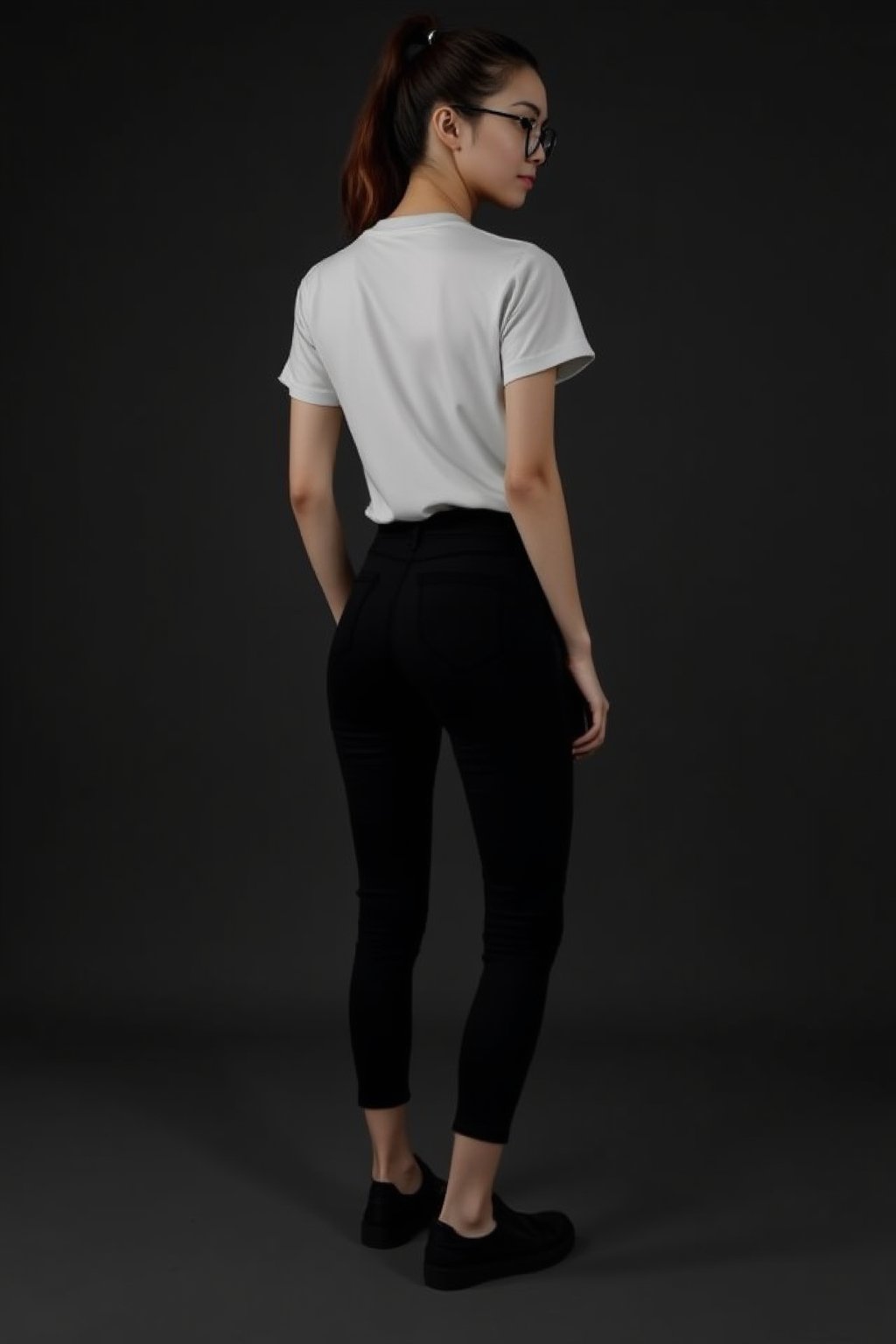 lynn, Lynn, petite, slim, Lynn's confident pose is captured from behind, showcasing her slender physique against a simple, dark background. Her ponytailed hair flows down the back of her head, framing her sleek black sneakers and black denim pants that peek out from under a white T-shirt with short sleeves. A subtle smile plays on her lips as she gazes off-camera, her round black-framed eyewear adding sophistication to her profile.