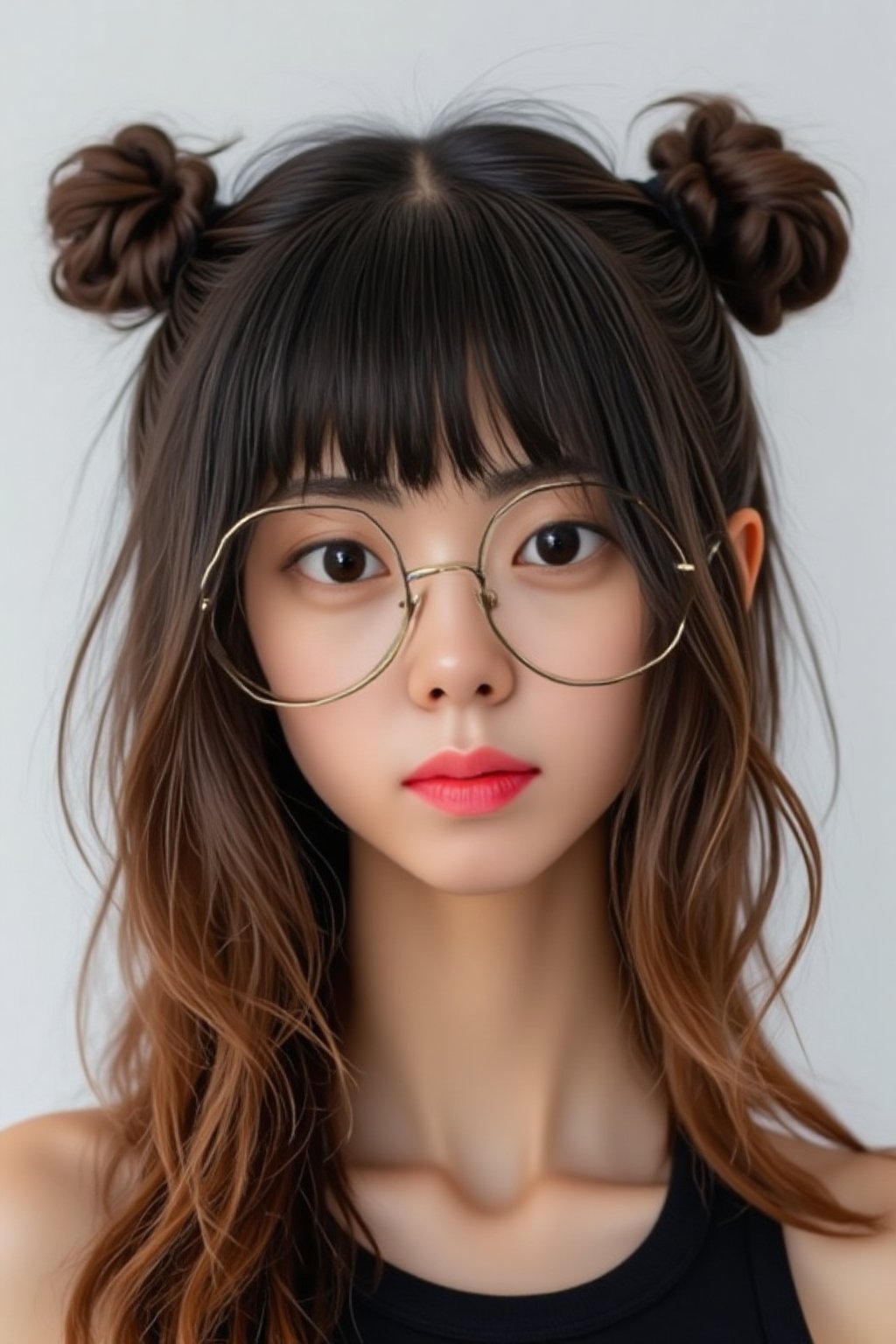 Beautiful female, with two side buns, dark brown hair, light brown eyes, fuchsia lips, medium lenght hair wavy, lynn, Lynn, light skin, slim petite, round glasses, straight bangs