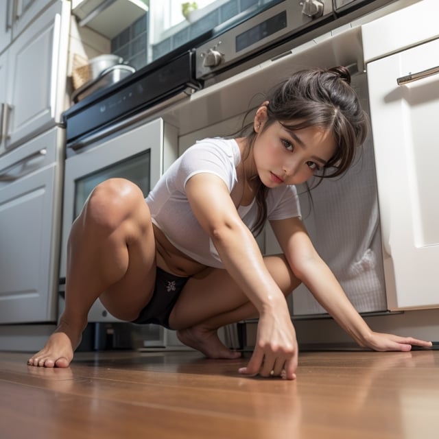 1girl, solo, underwear, panties, barefoot, squatting, towel