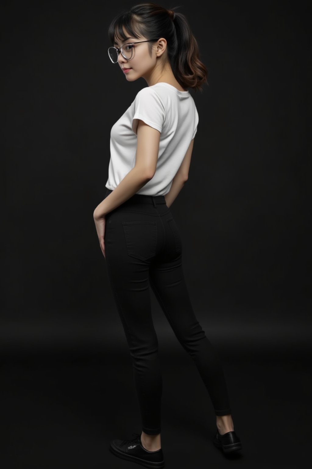 lynn, Lynn, petite, slim, Lynn's confident pose is captured from behind, showcasing her slender physique against a simple, dark background. Her ponytailed hair flows down the back of her head, framing her sleek black sneakers and black denim pants that peek out from under a white T-shirt with short sleeves. A subtle smile plays on her lips as she gazes off-camera, her round black-framed eyewear adding sophistication to her profile.