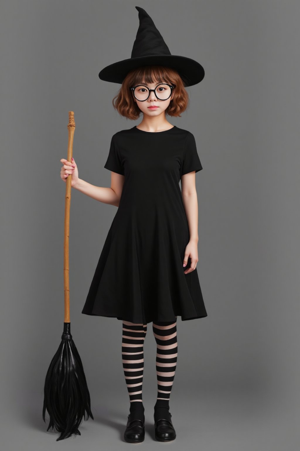  Pointed hat, broomstick, black dress, potion bottles, striped stockings.. lynn, petite, slim, short height, round glasses, straight bangs, wavy hair, buns