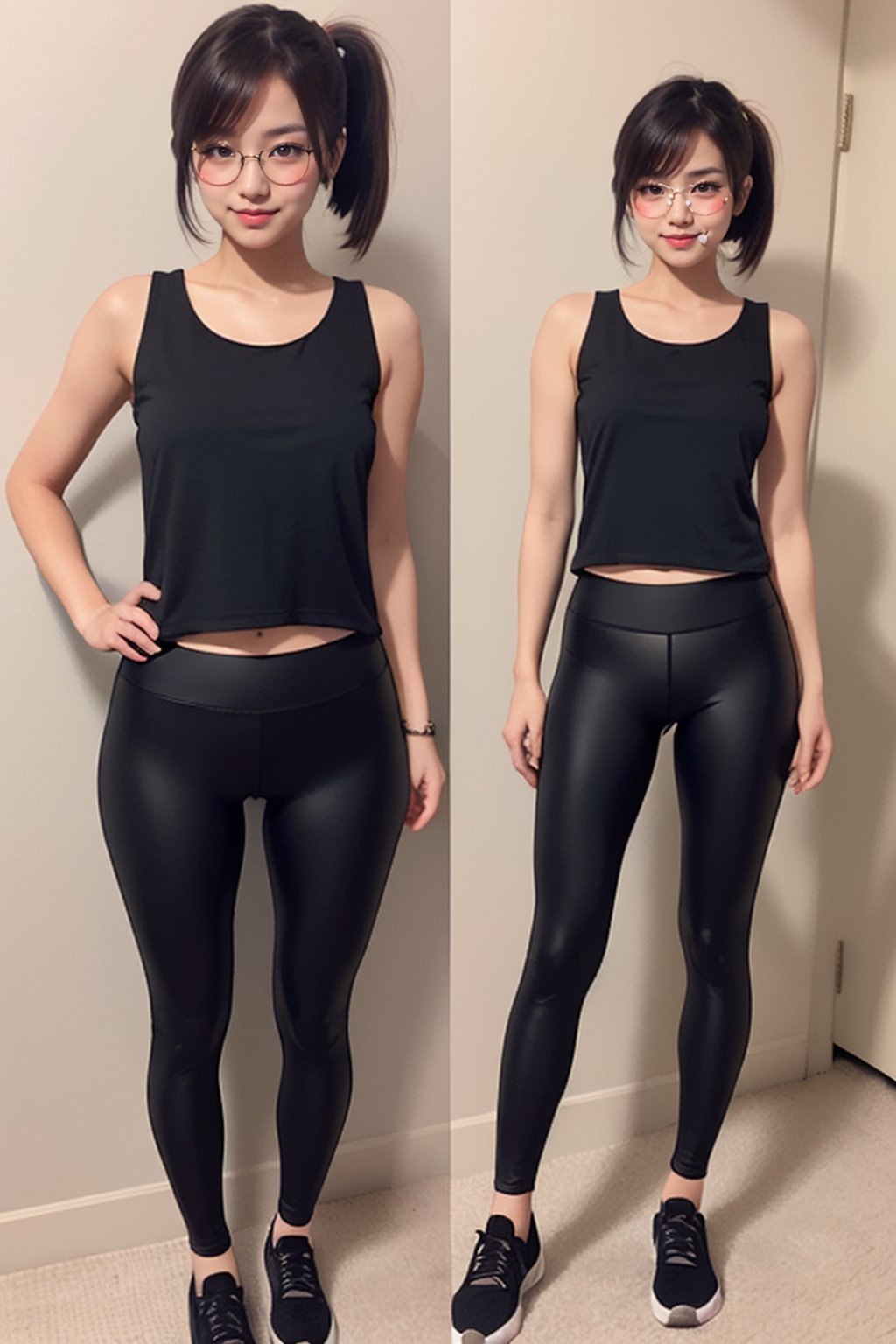 as an slim fit asian woman wearing round glasses standing sexy wearing tight leggins she have straight bangs and a side ponytail,  1girl,  solo,  glasses,  black hair,  looking at viewer,  realistic,  black-framed eyewear,  side-ponytail hair,  full body picture, medium length hair
