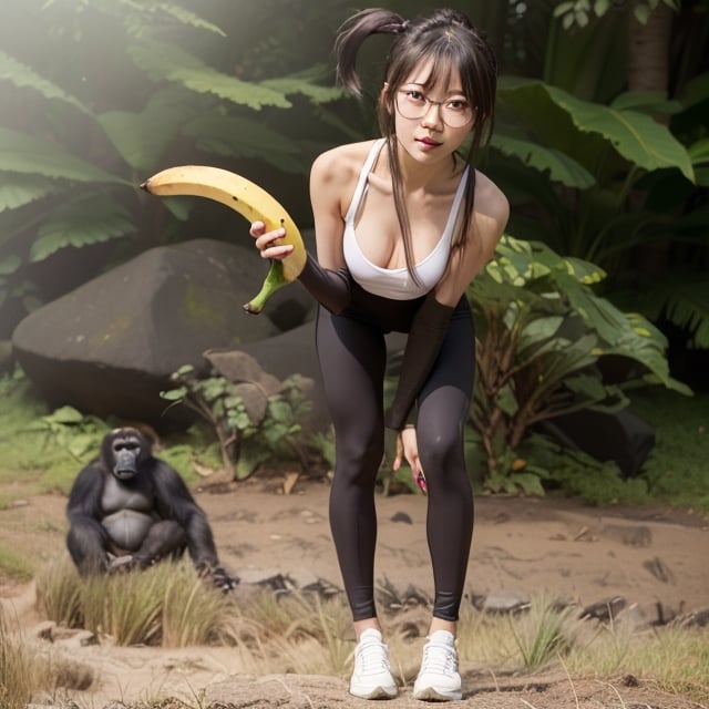 full body, an asian female slim sexy fit with small breast, straight bangs and side ponytail hair, wearing round glasses and leggins and shoes, holding a long banana with one hand, bending the back and Approaching to viewer, next to a gorilla
