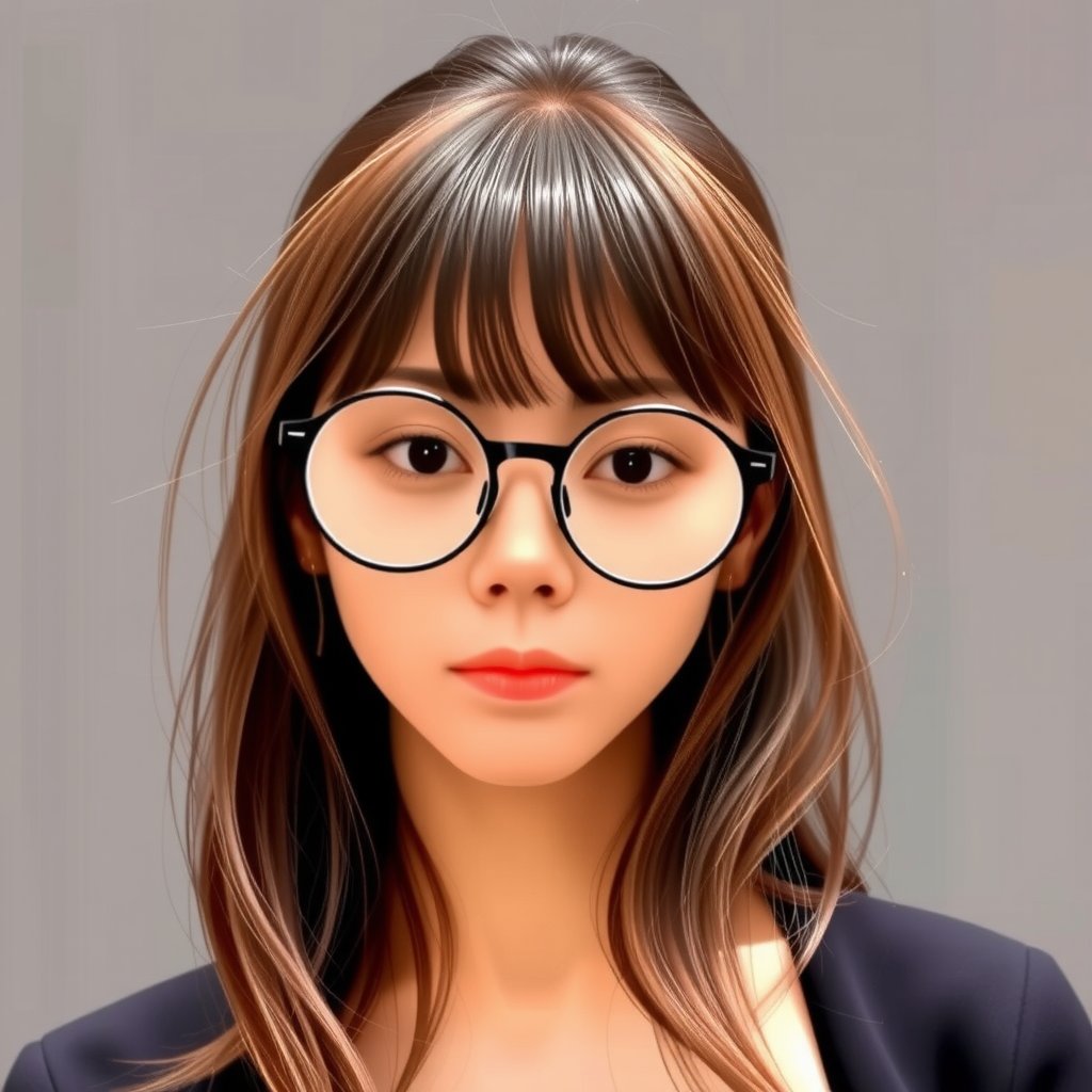 1girl, lynn, Asian young female slim fit wearing round eyewear glasses big black-framed round eyewear, straight bangs long at sides with long strings of hair at sides of the bangs, wavy hair, full body picture